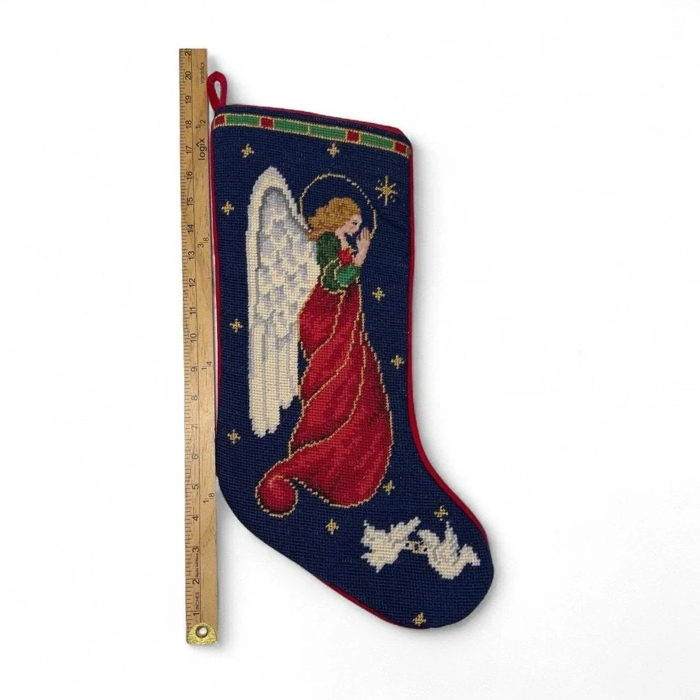 Vintage Wool Needlepoint Christmas Stocking Angel Holiday Petit Point Decor 20
